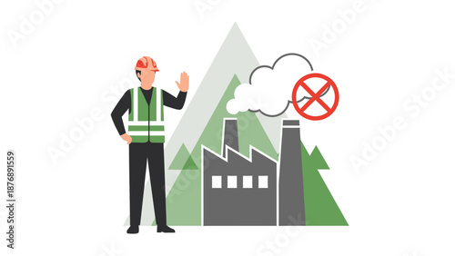 Industrial Pollution Concerns And Worker Raising Hand To Stop Emissions