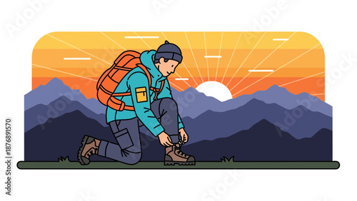 Hiker Preparing For Adventure Tying Shoelaces With Mountain Backdrop At Sunrise
