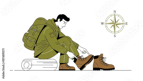 Hiker Preparing For Adventure Adjusting Boots Before Setting Off Into Nature