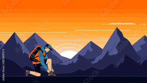 Hiker Preparing For Mountain Adventure Tying Shoelaces At Sunset Landscape