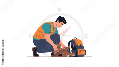 Hiker Preparing Gear For Adventure With Compass Background Illustration