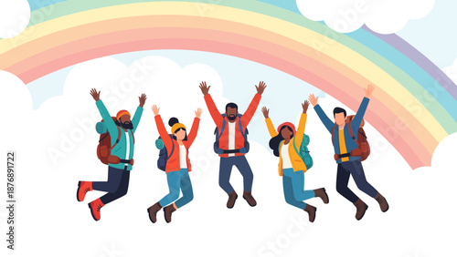 Joyful Celebration Of Diversity On A Successful Hike Under A Rainbow Sky