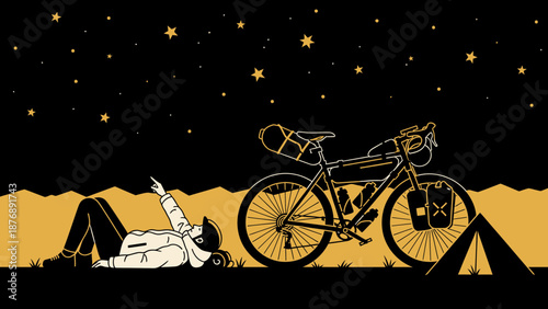 Lone Biker Enjoying Camping Under Starry Night Sky After Long Journey