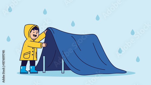 Joyful Child Building a Shelter During Rainy Day Illustration