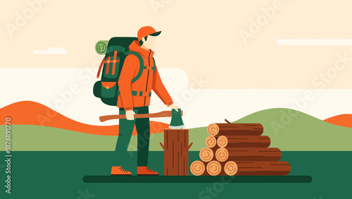 Hiker With Axe Cutting Firewood In A Flat Minimalist Landscape Illustration