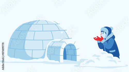 Joyful Child Playing Outside Igloo During Winter Season With Red Gloves
