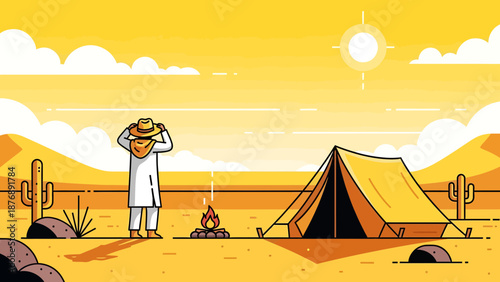 Lone Traveler Setting Up Camp In The Desert Landscape Cartoon Illustration