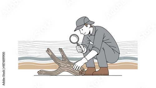 Intrigued Botanist Examining Driftwood With Magnifying Glass By The Shoreline