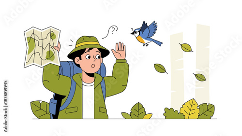 Lost Hiker Confused By Map and Bird Encounter During an Outdoor Adventure