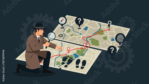 Investigator Plotting The Mystery On A Topographical Map With Investigation Tools
