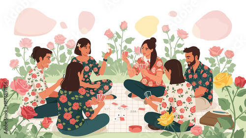Joyful Friends Play Card Games At Rose Garden Picnic On Summer Day