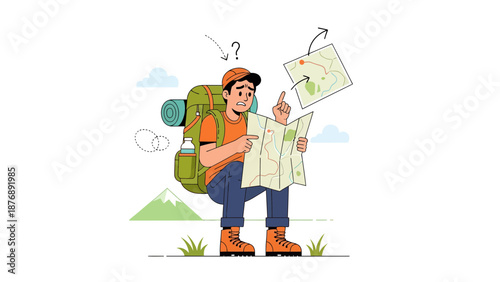 Lost Hiker Confused with Map and Directions Adventure in Wilderness Journey