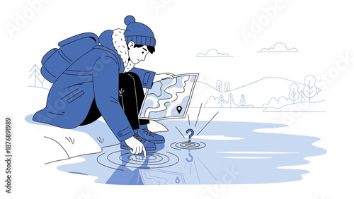 Lost Hiker Contemplates Map at Lakeside While Uncertain About the Route