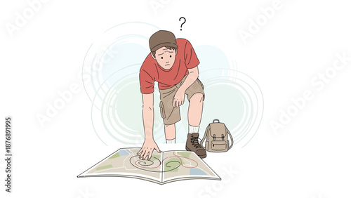 Lost Hiker Consults Map While Trekking In The Wilderness Looking Confused