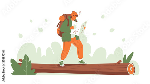 Lost Hiker Reading Map On Log Hiking In Forest Outdoor Adventure Exploration