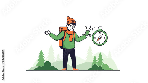 Lost Hiker Seeks Direction In Nature With No Signal And Malfunctioning Compass