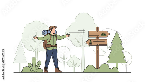 Lost Hiker Seeking Direction On Mountain Trail With Signpost Landscape