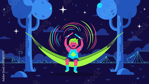 Joyful Night Scene Boy Swinging Light Sticks In Hammock During Camping