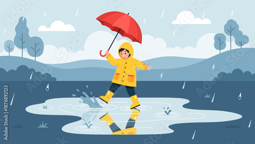 Joyful Rainy Day Adventure Child In Puddle With Umbrella Cartoon Design