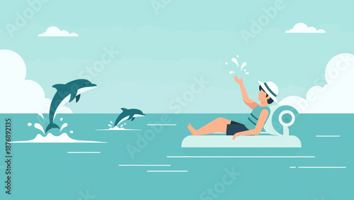 Joyful Summer Vacation Scene With Leaping Dolphins And Person Relaxing on Inflatable Raft