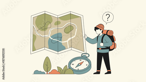 Lost Hiker Trying To Read A Map With A Compass Outdoor Adventure Vector Illustration