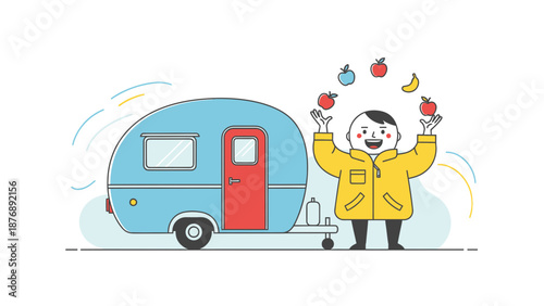 Joyful Traveler Juggling Fruits Next to His Blue Retro Camper Van Illustration