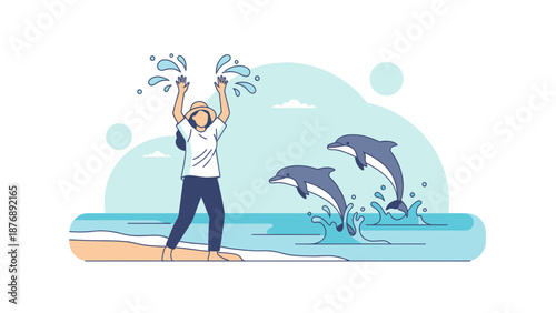 Joyful Vacation Moment: Woman Playing Water And Dolphins Leaping At Seashore