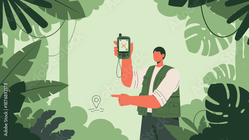 Lost In Jungle Concept Man Holds Gps Device Without Signal Problem Solution