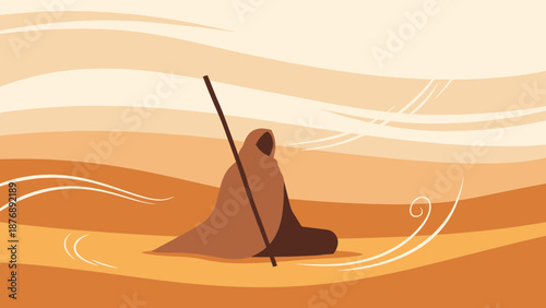 Lost In The Desert Person Silhouette Wandering With The Stick Under Sky