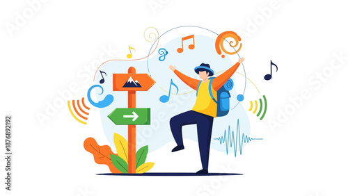 Joyful Wanderer Exploring Nature And Following The Path Direction With Music