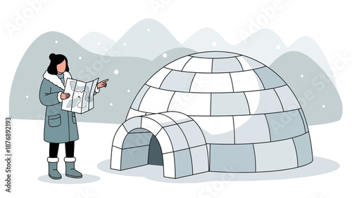 Lost In The Arctic Woman With A Map Beside An Igloo In A Snowy Landscape