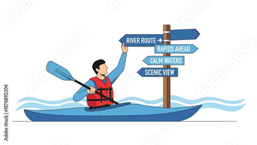 Kayaker Exploring River Routes with Guide Sign for Outdoor Adventure Activity