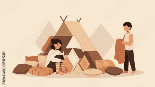 Kids Enjoying Building Cozy Fort In Living Room With Cushions And Blankets