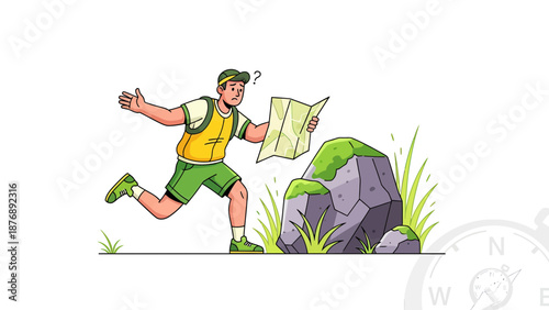 Lost Tourist Reading A Folded Paper Map Next To A Mossy Rock