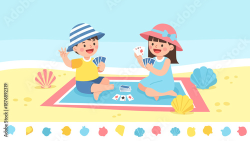 Kids Enjoying Card Game On Beach Summer Vacation Fun Concept