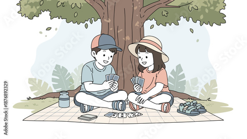 Kids Enjoying Card Game During Pleasant Picnic Under Shade Tree