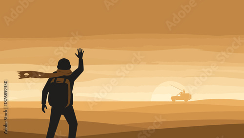 Lost Traveler Greets A Lone Vehicle In The Vast Desert Landscape