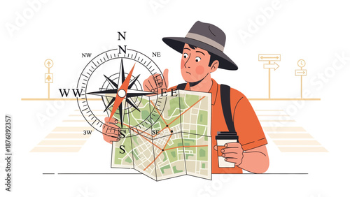 Lost Traveler Navigating With A Compass And Map In Unfamiliar Territory Outdoors