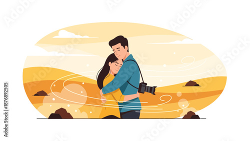 Loving Photographer Couple Embracing Amidst The Golden Desert Scenery Backdrop