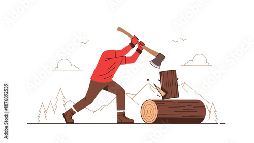 Lumberjack At Work Chopping Wood In Forest With Axe Outdoors Activity