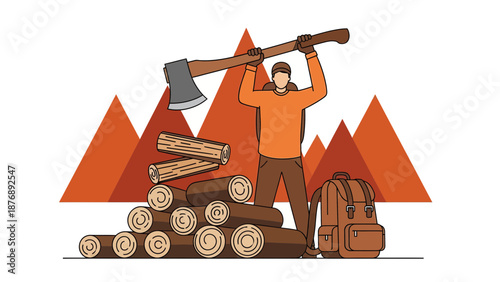 Lumberjack Adventures: Man with Axe, Woodpile, And Mountain Backdrop Illustration