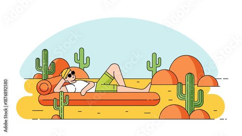 Lazy Afternoon Scene In Desert Landscape With Person Relaxing On Inflatable Mattress