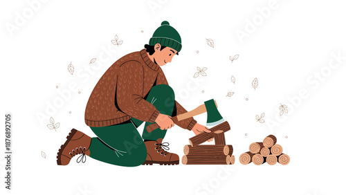 Lumberjack Preparing Firewood With An Ax Outdoor Scene Minimalist Vector Graphic