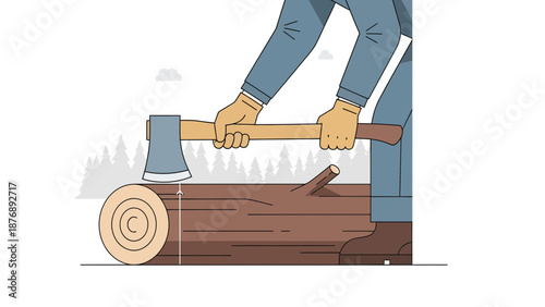 Lumberjack Preparing To Cut Wood For Winter Using An Axe In The Forest