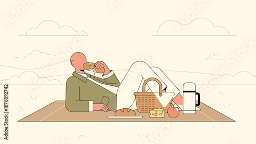 Leisurely Picnic Scene Illustration Man Enjoying Outdoor Meal Food Relaxation
