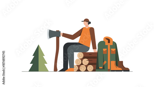 Lumberjack Resting After Cutting Wood, Minimalist Forest Worker With Ax