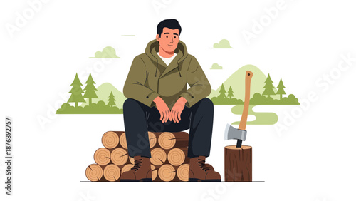 Lumberjack Resting After Chopping Wood Sitting On The Logs In Nature