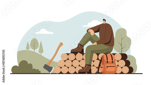 Lumberjack Resting After Cutting Wood With An Ax In The Forest