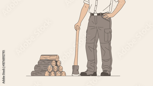 Lumberjack Resting With Axe Near Woodpile In Minimalist Hand Drawn Illustration