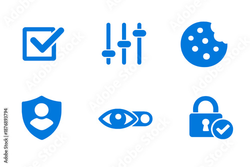 Data consent icons set featuring privacy settings, approvals and user control. Clean monocromatic vector symbols for apps, websites and digital privacy systems.